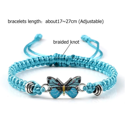 Handmade Braided String Bracelet For Women Blue Butterfly Pendant