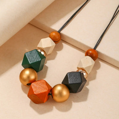 Vintage Handmade Geometric Multi Color Wooded Beads Necklaces Pendants for Women