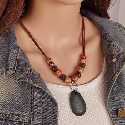 Vintage Ethnic Totem Beads Handmade Wood Beaded Water Drop Pendants Necklace for Women