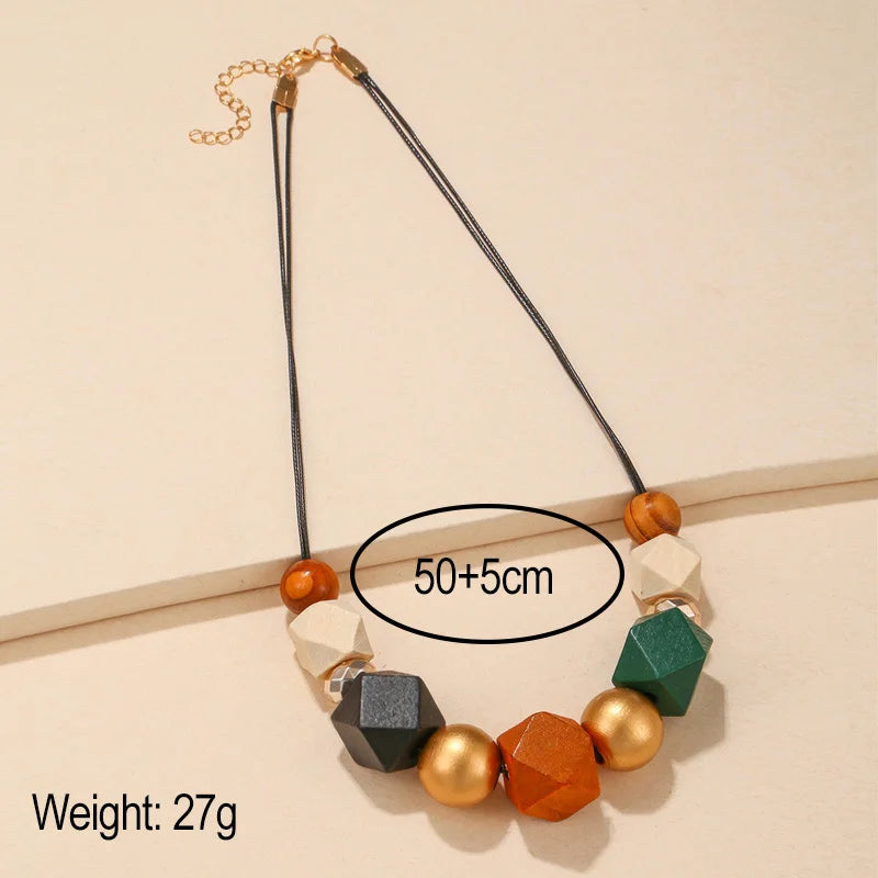Vintage Handmade Geometric Multi Color Wooded Beads Necklaces Pendants for Women
